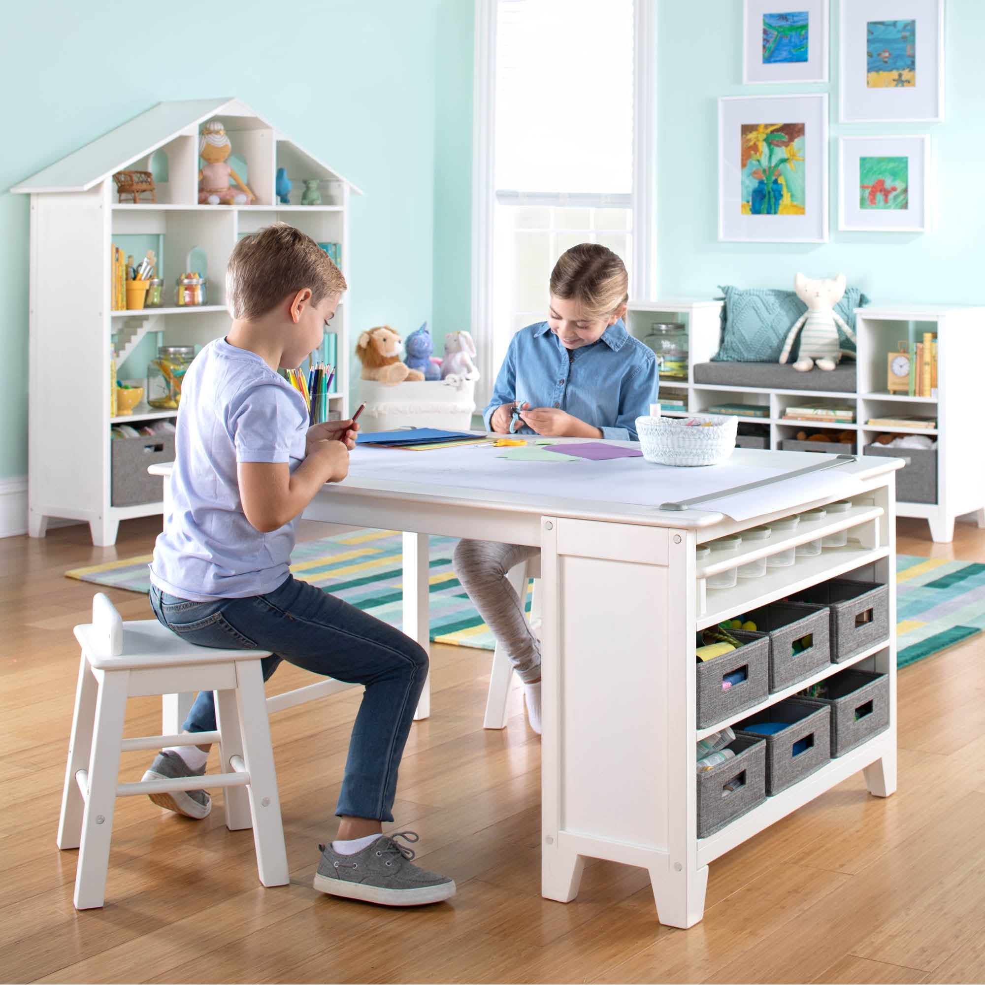Martha Stewart Living and Learning Kids' Art Table and Stool Set (White) -  Wooden Drawing and Painting Desk with Paper Roller, Paint Cups and