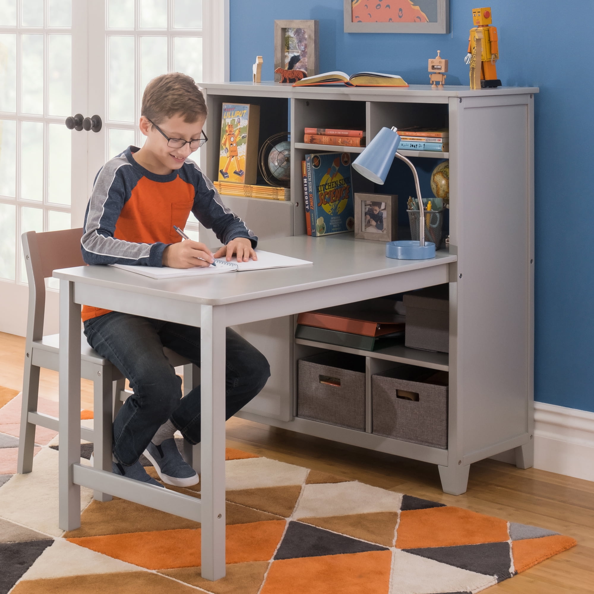 Martha Stewart Living and Learning Kids' Media System with Desk Extension  and Chair (Gray) – Wooden Cubby Storage Organizer and Computer Study Table