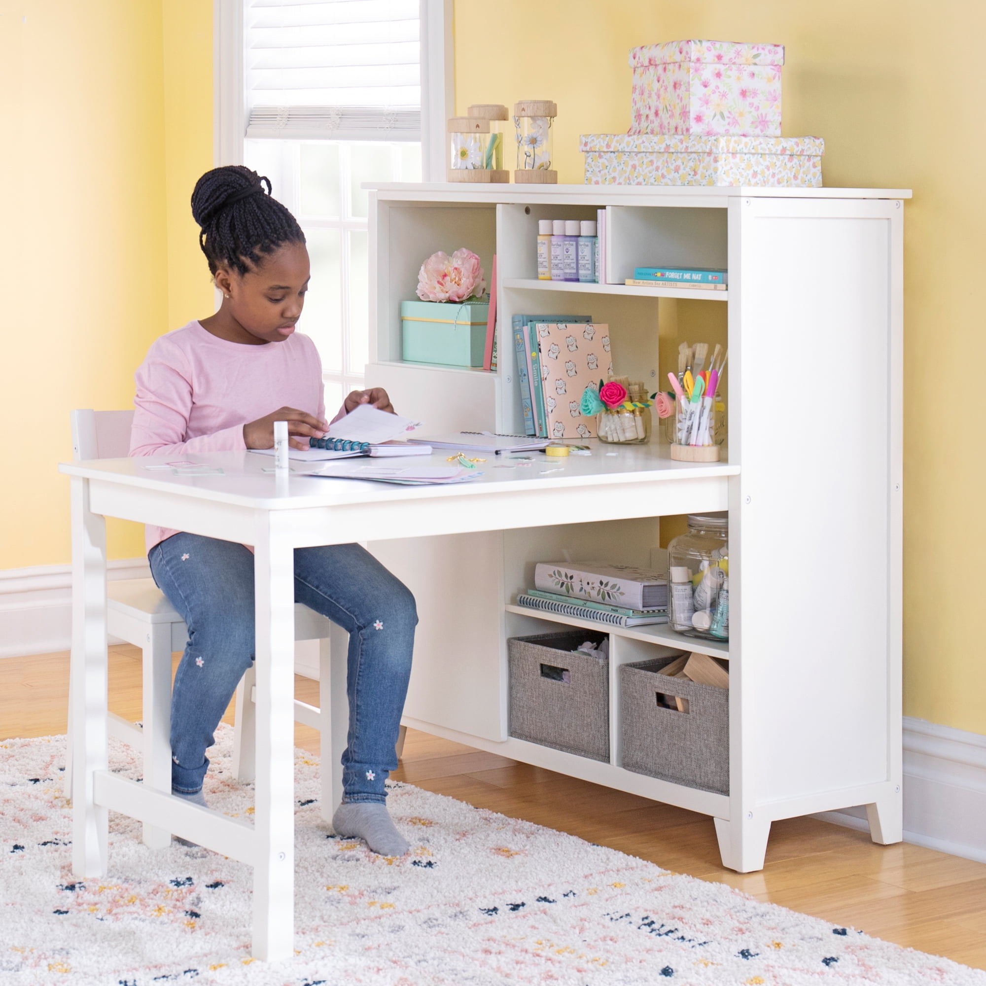 Martha Stewart Living and Learning Kids' Media System with Desk Extension  and Chair (White) – Wooden Cubby Storage Organizer and Computer Study Table
