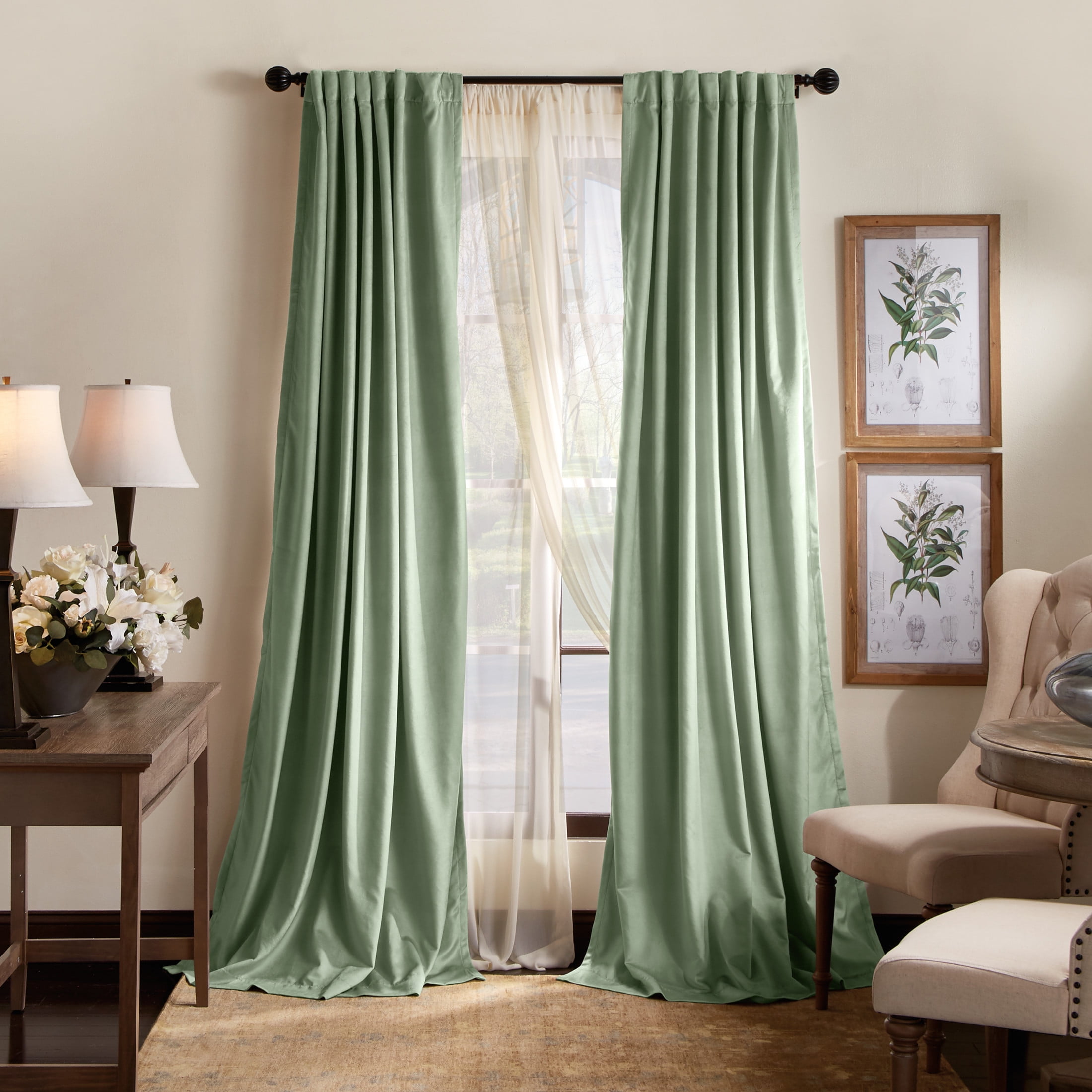 Martha Stewart, Lucca Velvet Curtain Panel Pair, Green, Back Tab, Blackout, Indoor, Adult, 2 Piece Set, 50"x 84"