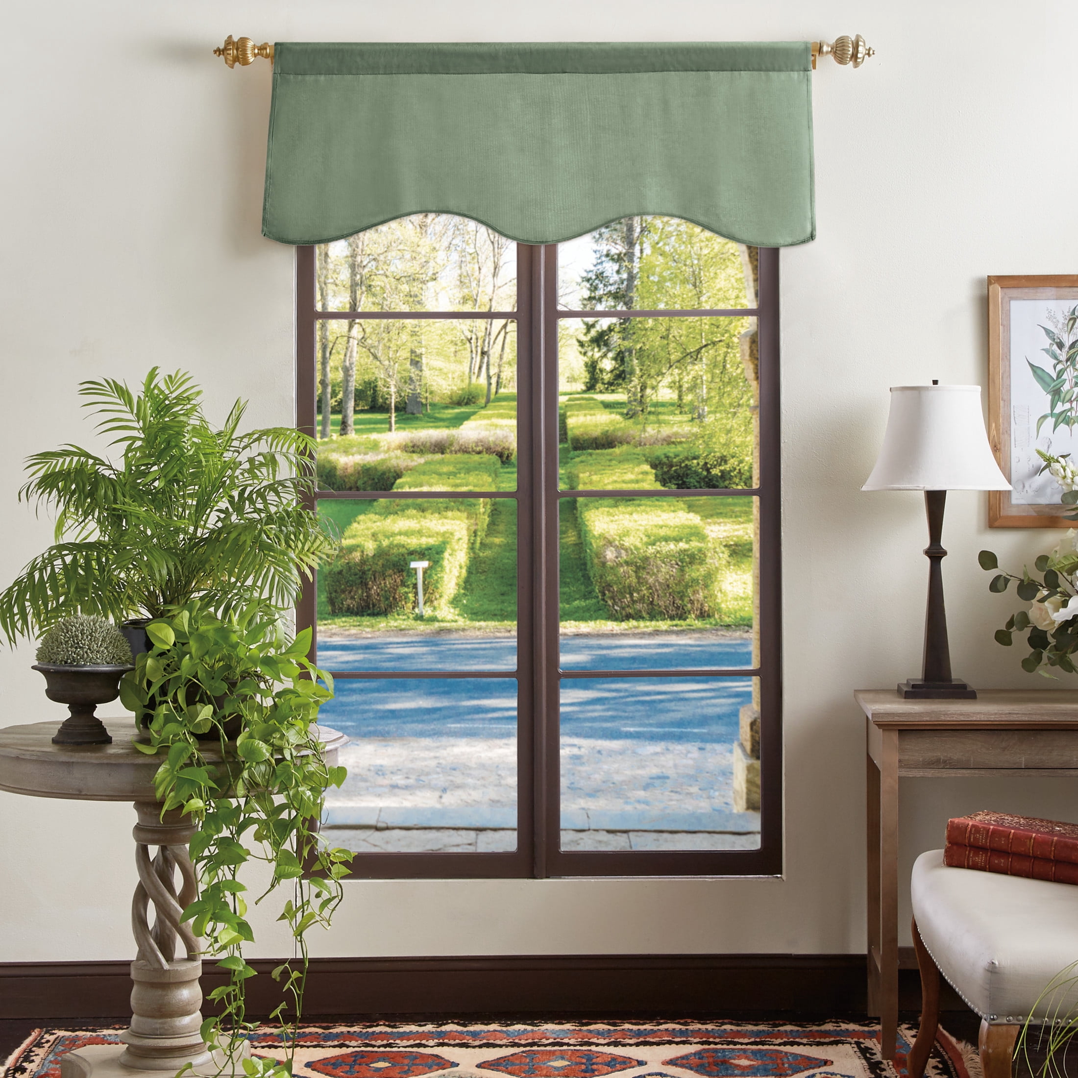 Martha Stewart Lucca Velvet Scallop Valance, Loden Green, Rod Pocket, Light Filtering, Indoor, Adult, 1 Piece, 50’’ x 18’’