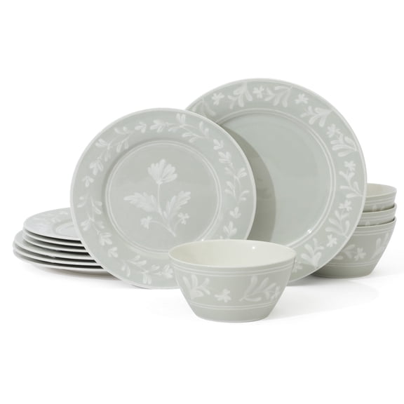Martha Stewart Maiden Crown 12-Piece Sage Green Dinnerware Set – Vegan Bone China Ceramic Plates & Bowls – Floral Design – Service for 4