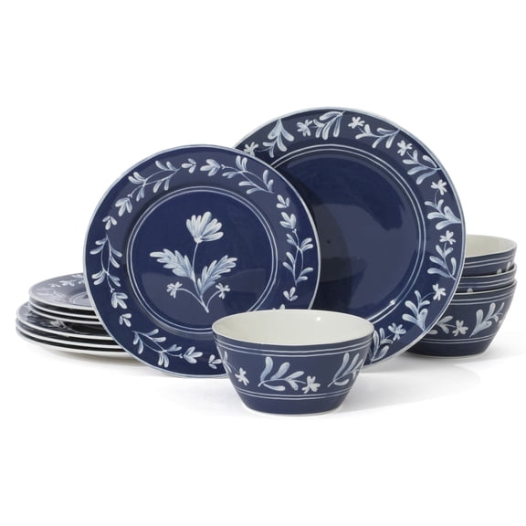 Martha Stewart Maiden Crown 12-Piece Sky Blue Dinnerware Set – Vegan Bone China Ceramic Plates & Bowls – Floral Design – Service for 4