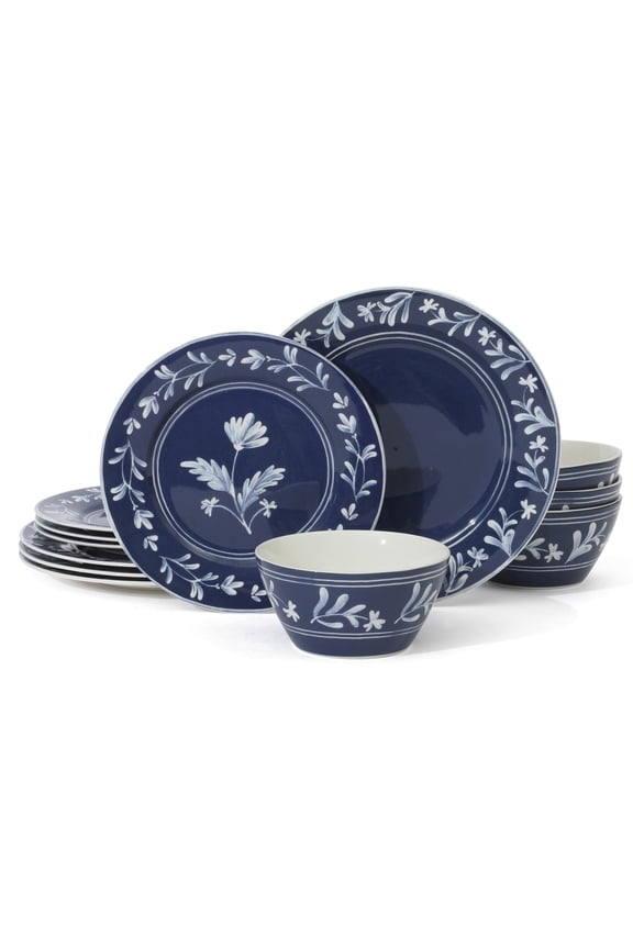 Maiden Crown 12-Piece Sky Blue Dinnerware Set – Vegan Bone China Ceramic Plates & Bowls – Floral Design – Service for 4