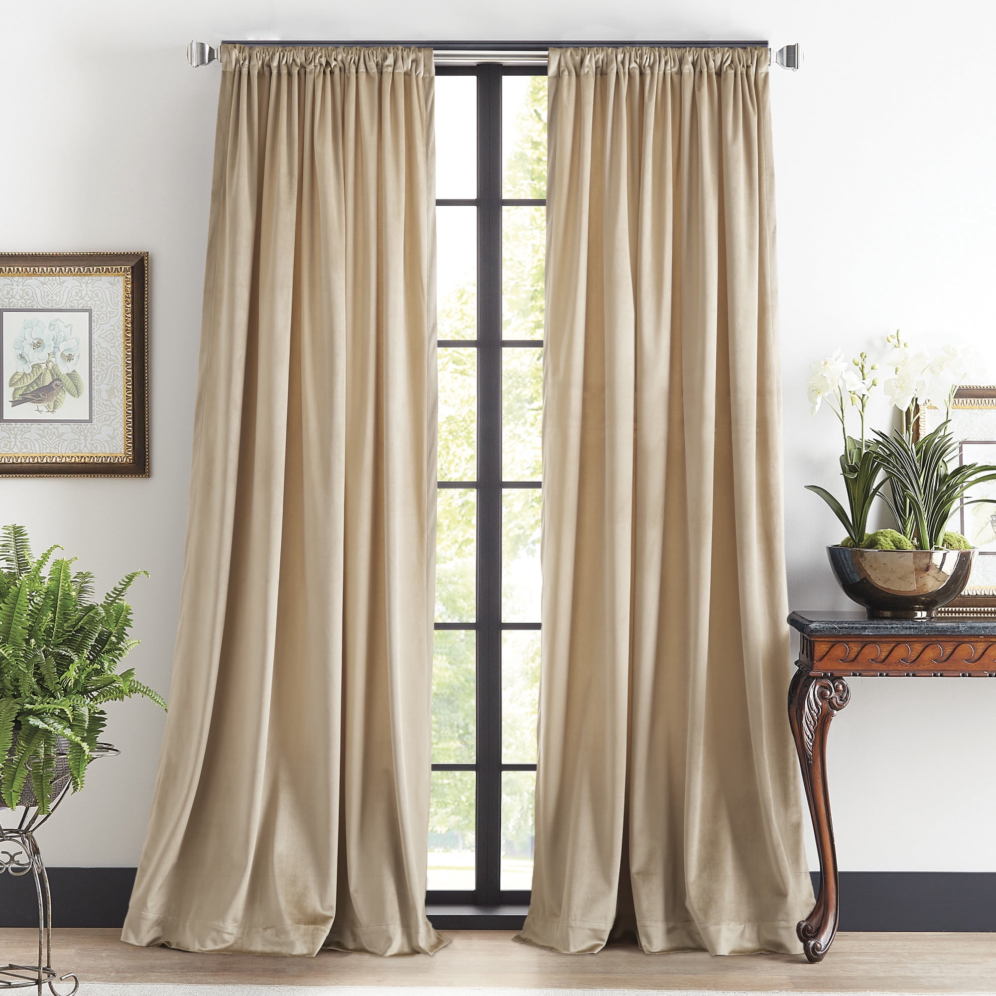 Martha Stewart Martha’s Velvet Curtain Panel Pair, Linen, Pole Top, Back Tab, Room Darkening, Lined, Indoor, Adult, 2 Piece Set, 50" x 63"