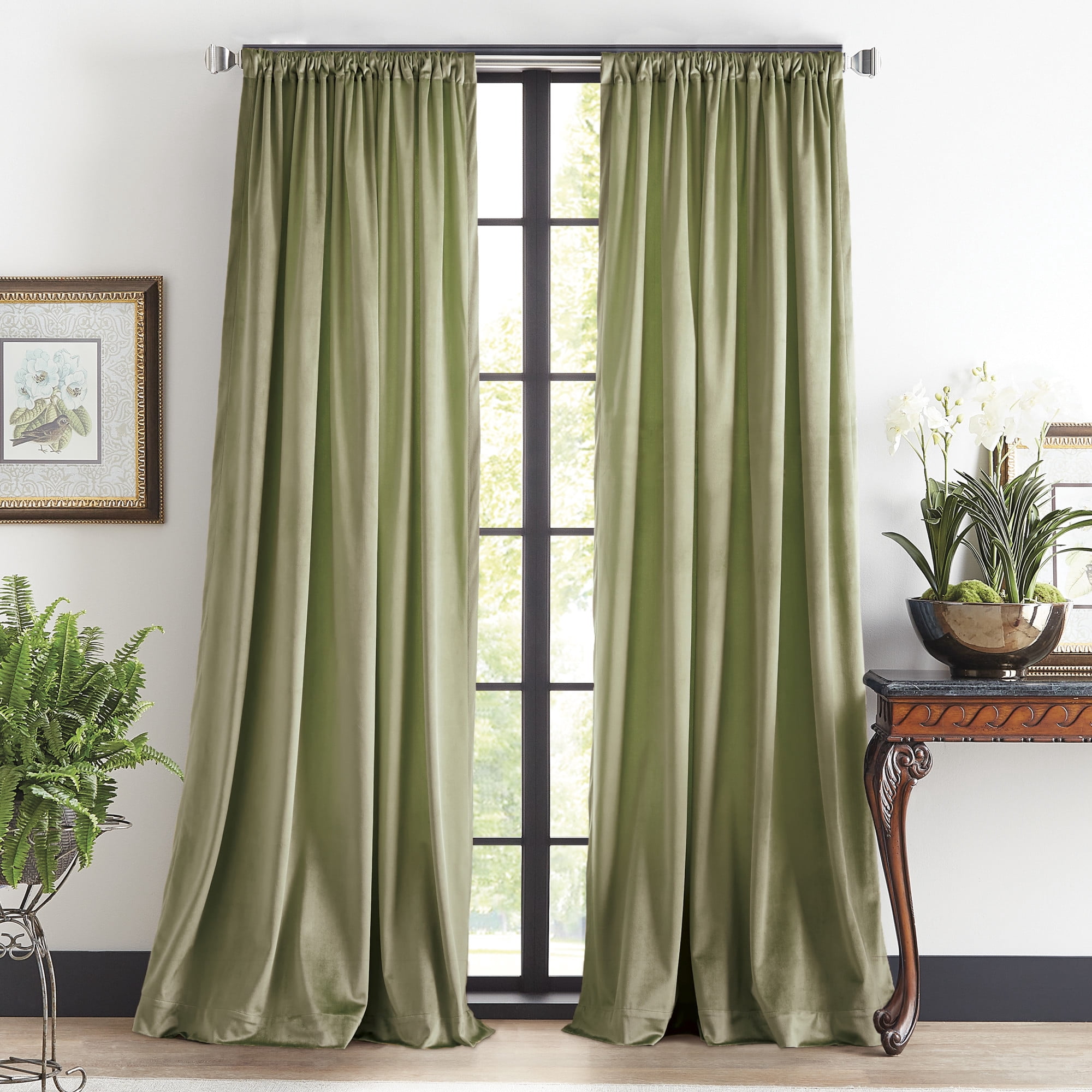 Martha Stewart Martha’s Velvet Curtain Panel Pair Green, Pole Top, Back Tab, Room Darkening, Lined, Indoor, Adult, 2 Piece Set, 50" x 84"