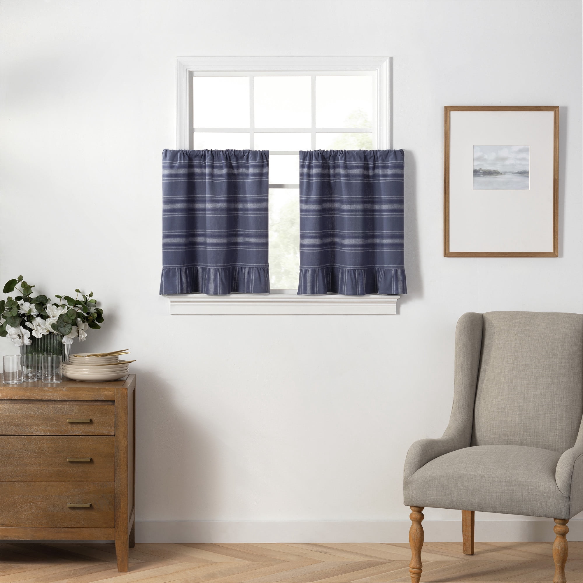 Martha Stewart Ruffle Stripe Tier Set Poseidon Blue, Pole Top, Light Filtering, Indoor, Adult, 2 Piece Set, 30" x 24"