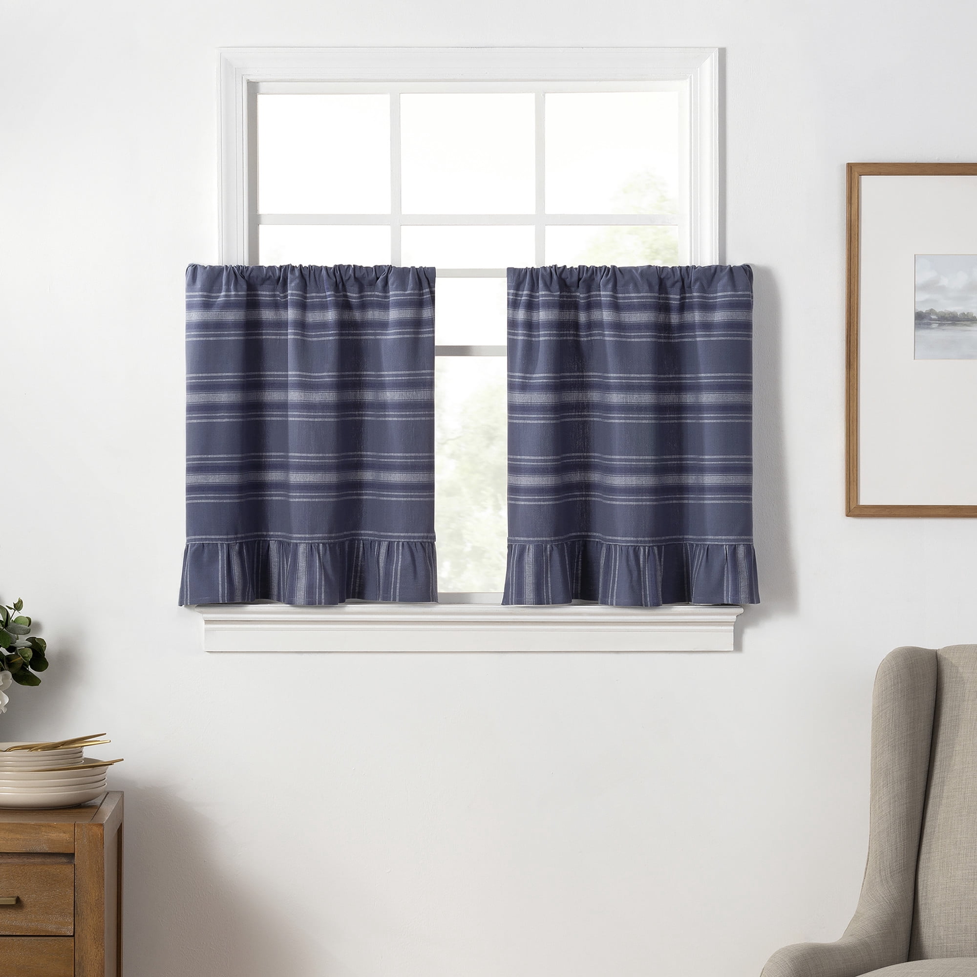 Martha Stewart Ruffle Stripe 36" Tier Set Poseidon Blue, Pole Top, Light Filtering, Indoor, Adult, 2 Piece Set, 30" x 36"