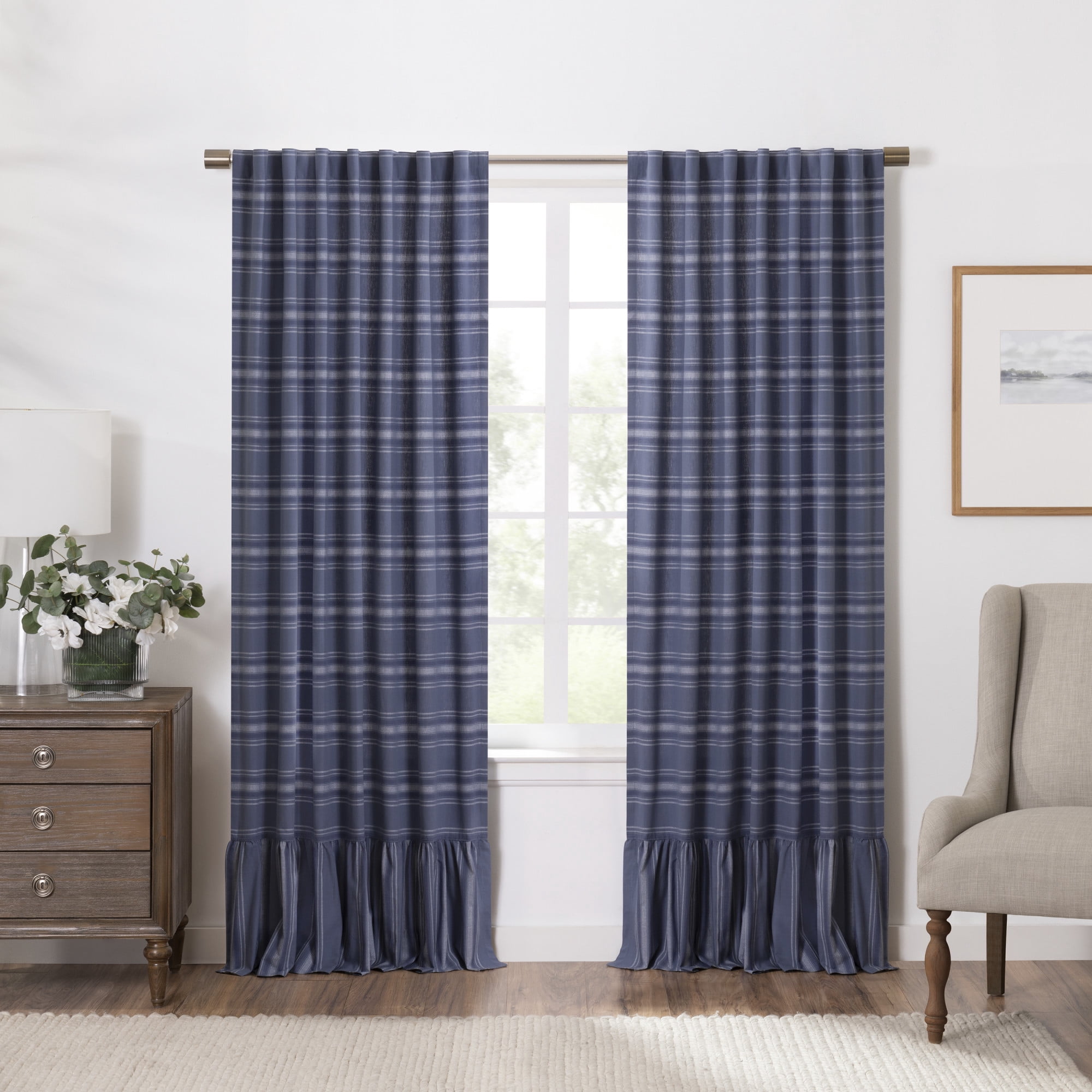 Martha Stewart Ruffle Stripe Curtain Panel Pair Poseidon Blue, Pole Top, Light Filtering, Indoor, Adult, 2 Piece Set, 50" x 84"