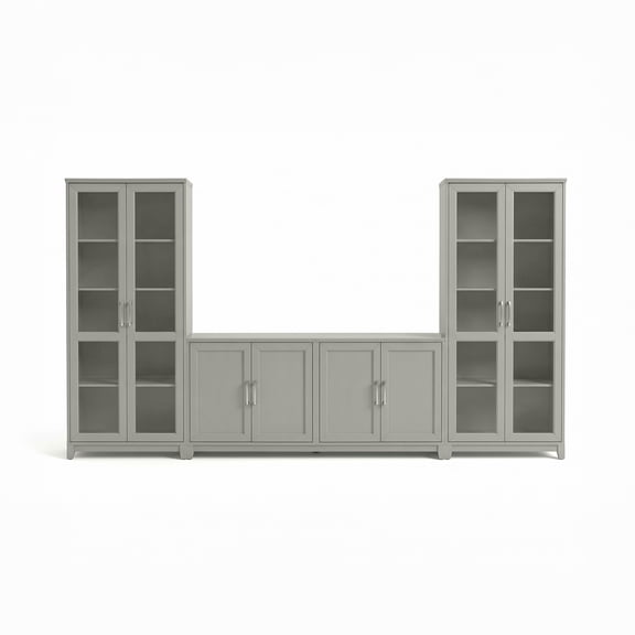 Martha Stewart Modular Shaker 4-Door TV Stand for up to 75" TV, 2 Tall Media Cabinets, Brushed SS Hardware, Soft-Close Doors, Gray, 3-Piece Set