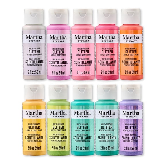 Martha Stewart Multi-Surface Acrylic Craft Paint, Glitter Finish, Rainbow Sparkle, Set of 10, 2 fl oz