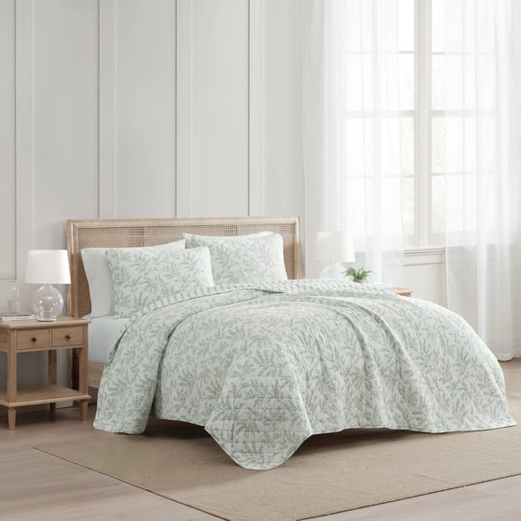 Martha Stewart Murray Leaves Whte & Grey Green Twin Quilt Set, Lightweight Layered Bedding, Machine Washable