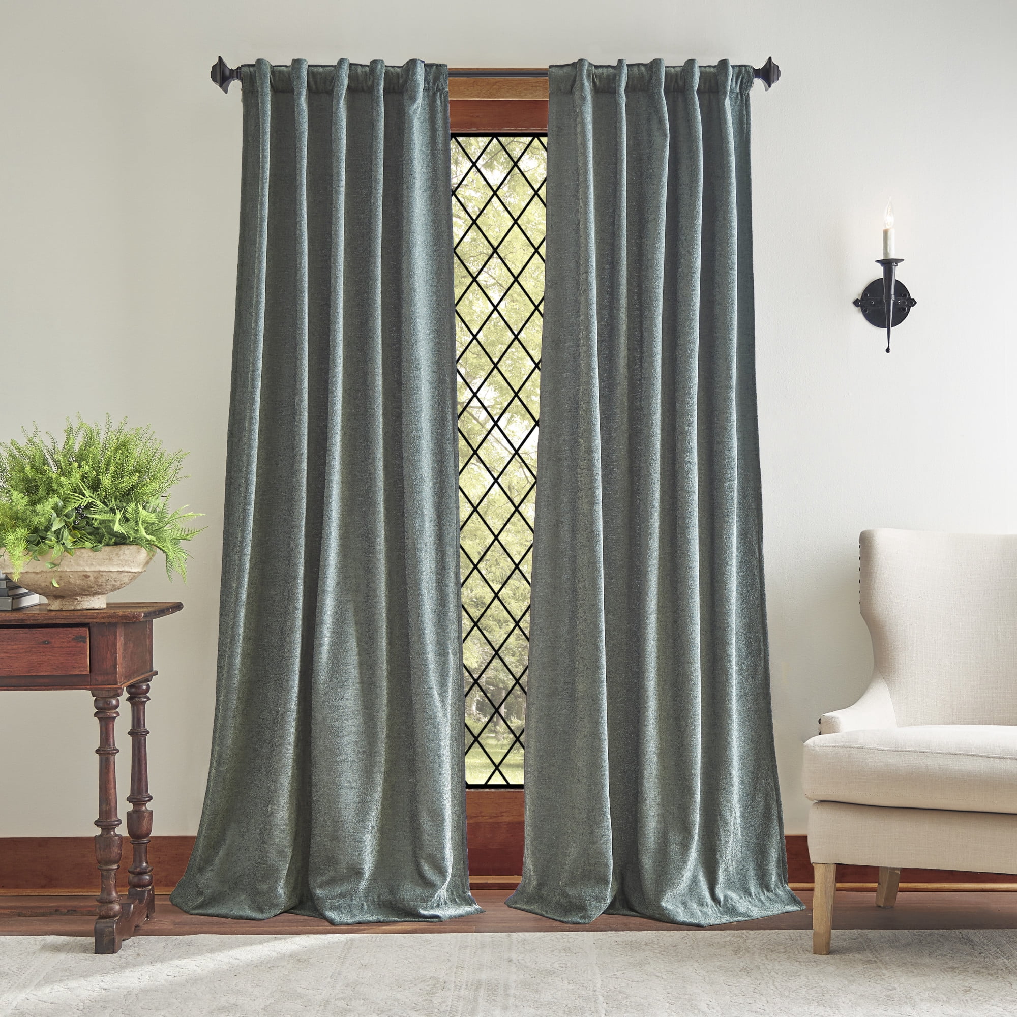Martha Stewart Naples Chenille Curtain Panel Pair, Olive, Back Tab, Light Filtering, Indoor, Adult, 2 Piece Set, 37" x 84"