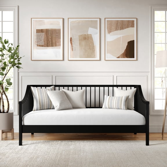Martha Stewart Neely Twin Size Solid Wood Platform Daybed with Wooden Spindles and Slatted Foundation with No Box Spring Required in Black