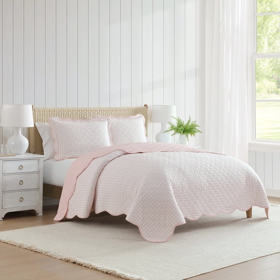 Martha Stewart Olivia Gingham Soft Pink Twin Quilt Set, Lightweight Layered Bedding, Machine Washable