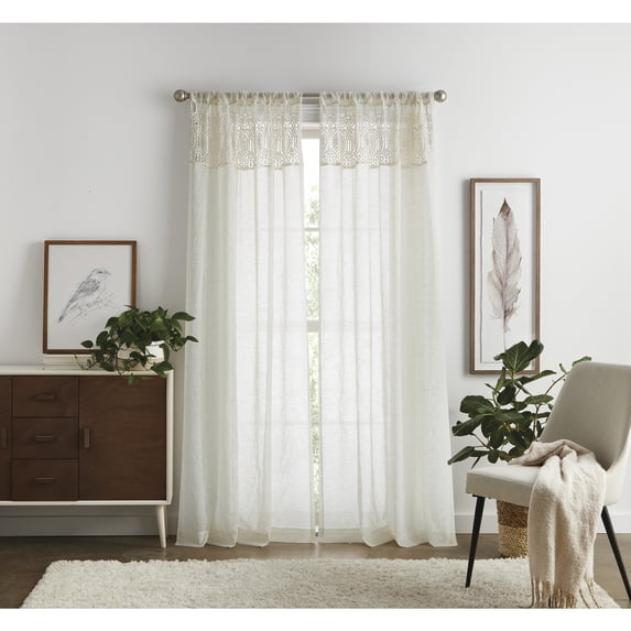 Martha Stewart Piece Macrame Curtain Panel Pair, Linen, Pole Top, Light Filtering, Indoor, Adult, 2 Piece Set, 50" x 84"
