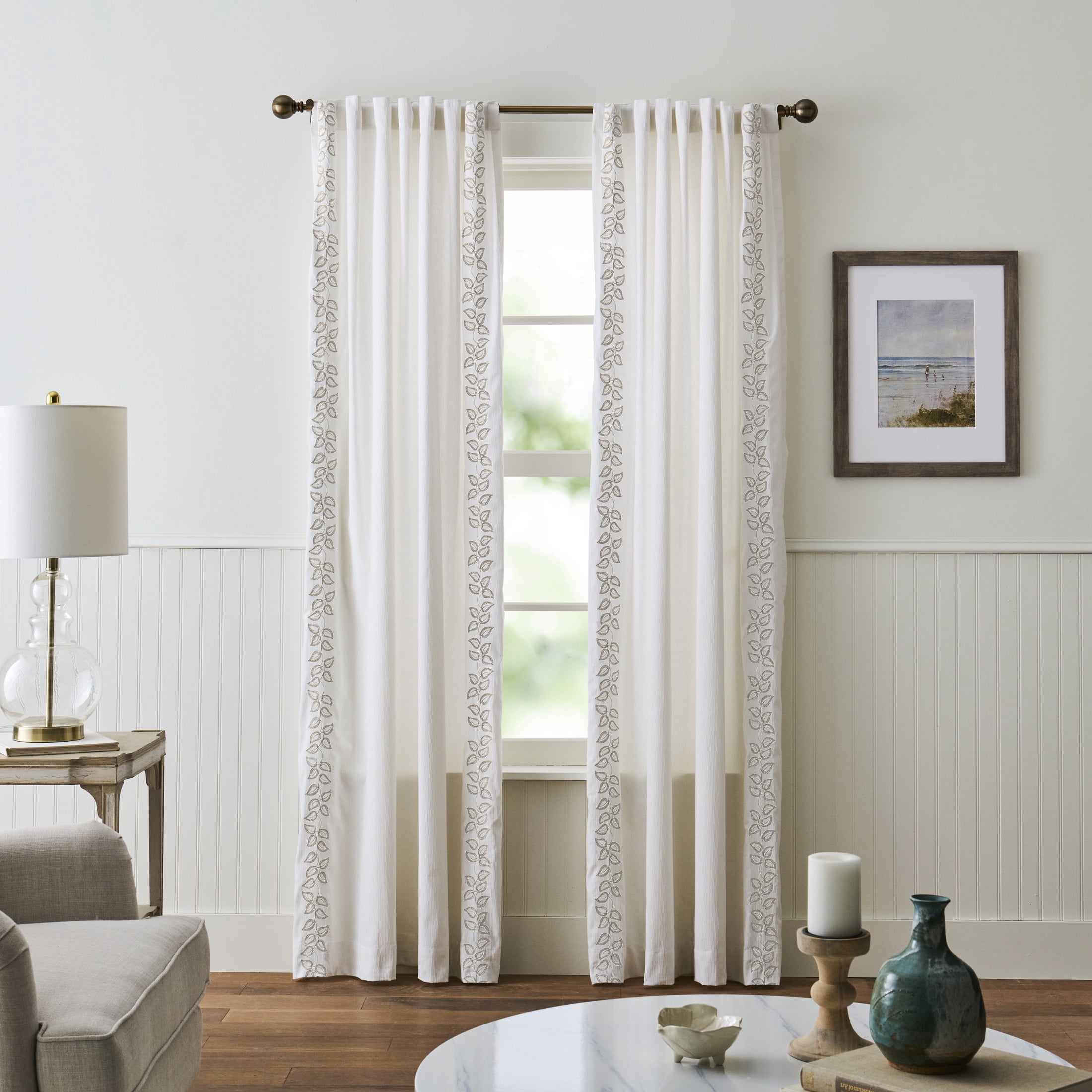 Martha Stewart Plume Curtain Panel Pair, Linen, Back Tab, Light Filtering, Indoor, Adult, 2 Piece Set, 50" x 84"