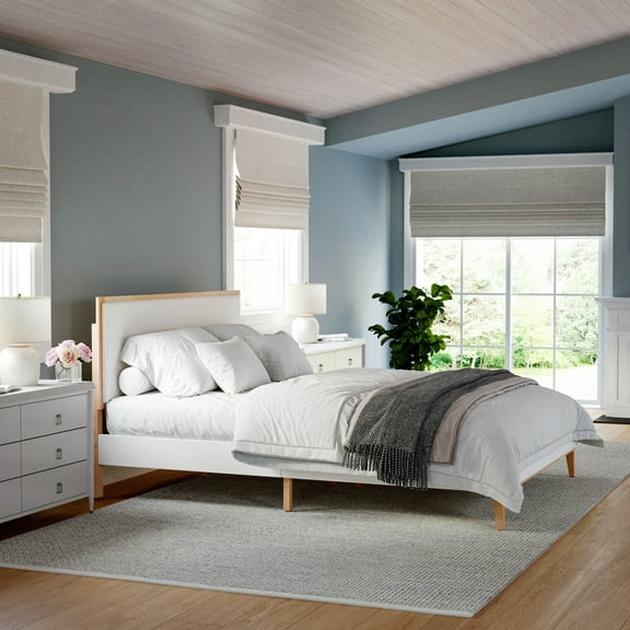 Martha Stewart Queen Size Solid Wood Platform Bed with Upholstered Base and Inset Headboard, Wood Slat Bottom, No Box Spring Needed, Light Beech/Snow
