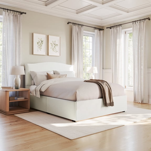 Martha Stewart Queen Upholstered Platform Bed with Curved Nailhead Headboard and Footboard Storage Drawer, Wood Slat Foundation, No Box Spring Needed, Off-White