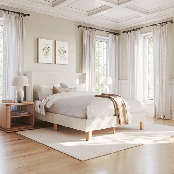 Martha Stewart Queen Upholstered Platform Bed with Wingback Headboard and Cushioned Siderails, Wood Slat Foundation, No Box Spring Needed, Off-White Boucle