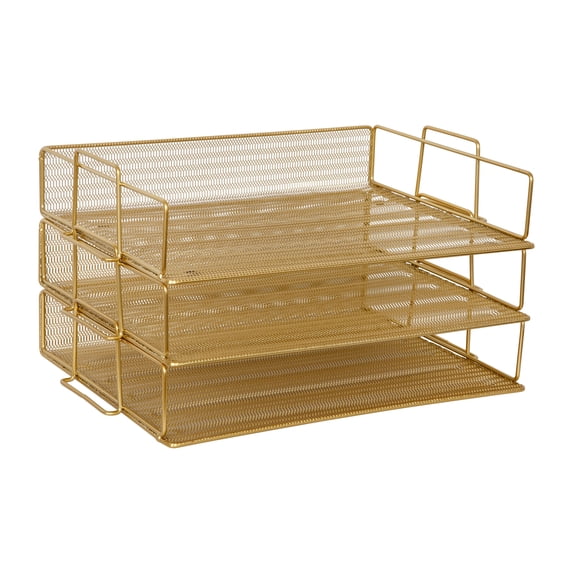Martha Stewart Ryder 3 Tier Gold Desk Letter Tray Organizer, Stackable Steel Mesh Inbox Tray for Files, Papers, or Letters