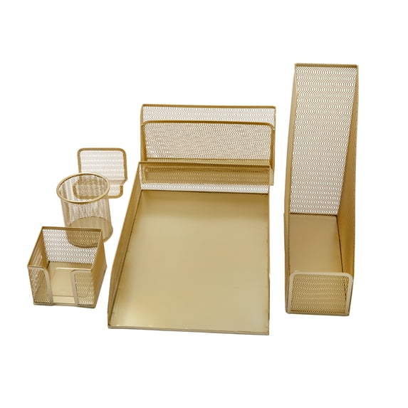 Martha Stewart Ryder Gold Mesh Metal 6 Piece Set Desktop Organizers and Accessories, Holds Files, Magazines, Letters, Pens, Sticky Notes and Business Cards