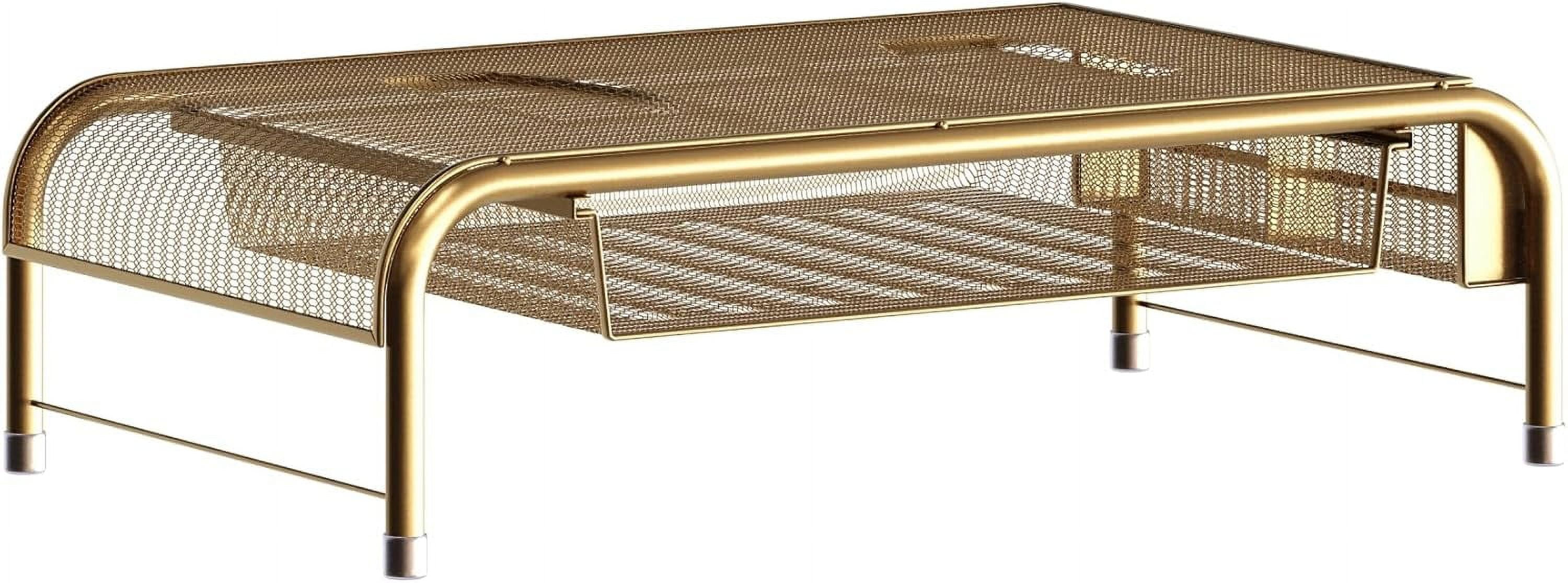 Gold Mesh Metal Desktop Monitor Stand Riser with Drawer