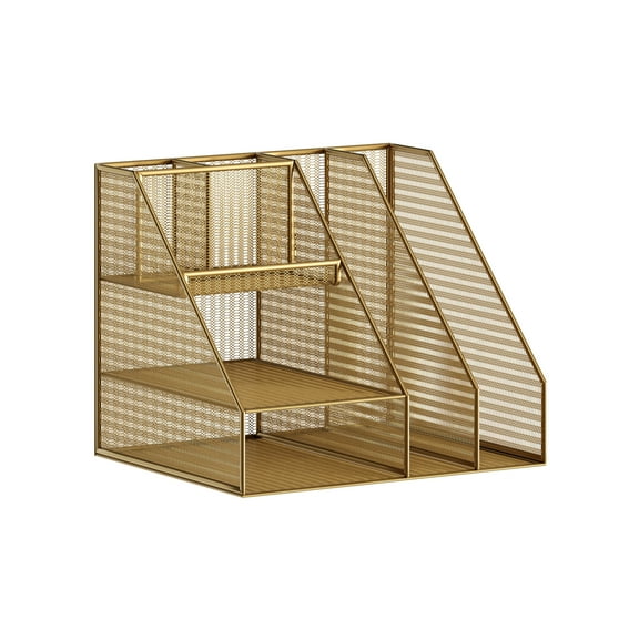 Martha Stewart Ryder Gold Mesh Metal Large Desktop Organizer with Magazine File Holder, Pen Holder, and Storage