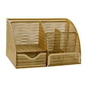 Martha Stewart Ryder Gold Mesh Metal Small Desktop Organizer for Office Accessories, Notebooks, Pen Holder and Drawer