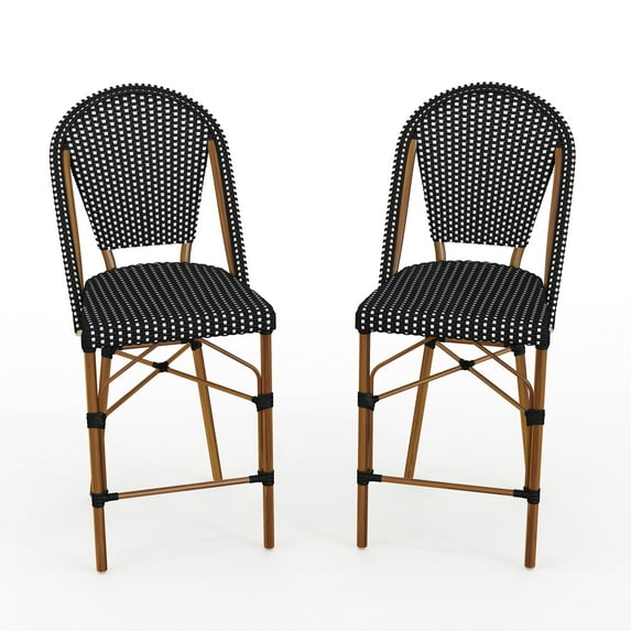 Martha Stewart Set of 2 Indoor-Outdoor Stackable Bistro Counter Stools with Natural Woodgrain Aluminum Finish Frame, Black/White Woven Rattan Back/Seat
