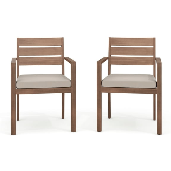 Martha Stewart Set of 2 Indoor-Outdoor Stackable Patio Dining Armchairs with Brown Brushed Woodgrain Aluminum Finish and Cream All-Weather Seat Cushions