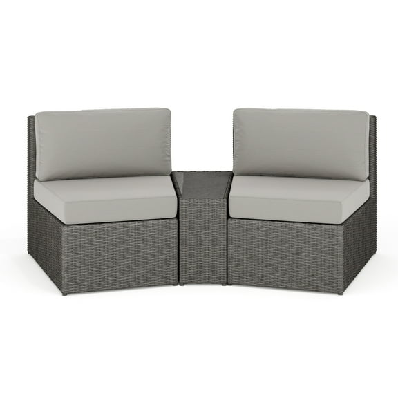 Martha Stewart Set of 2 Indoor-Outdoor Modular Patio Curved Sectional Sofa Seats and Side Table in Gray Rattan Wicker with Gray All-Weather Cushions
