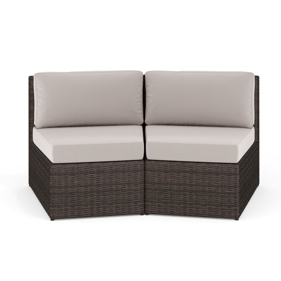 Martha Stewart Set of 2 Indoor-Outdoor Modular Patio Curved Sectional Sofa Seats in Brown Rattan Wicker with Tan All-Weather Cushions