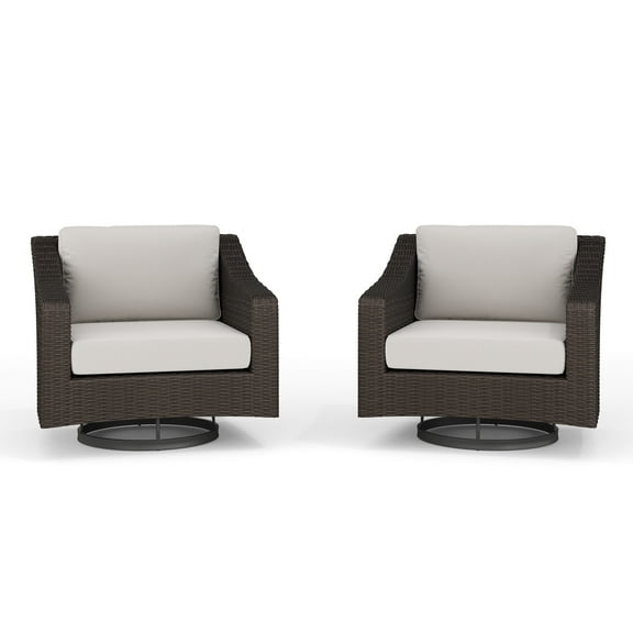 Martha Stewart Set of 2 Indoor-Outdoor Patio Chairs in Brown Rattan Wicker with 360° Swivel and Tan All-Weather Cushions