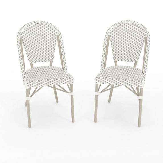 Martha Stewart Set of 2 Indoor-Outdoor Stackable Bistro Chairs with Gray Woodgrain Aluminum Finish Frames and White/Gray Woven Rattan Backs/Seats