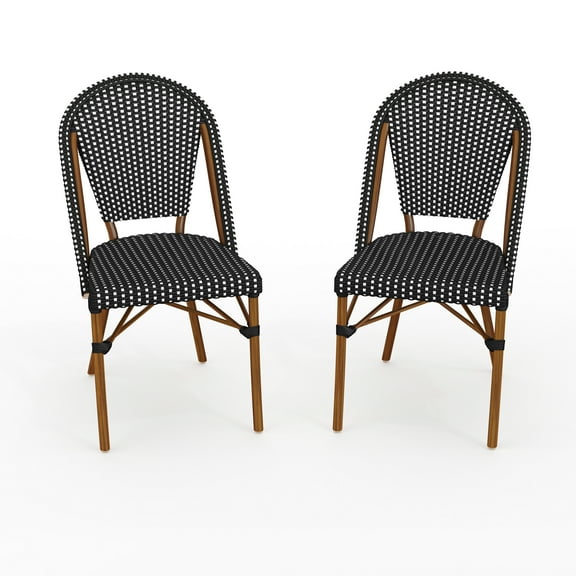 Martha Stewart Set of 2 Indoor-Outdoor Stackable Bistro Chairs with Natural Woodgrain Aluminum Finish Frames and Black/White Woven Rattan Backs/Seats