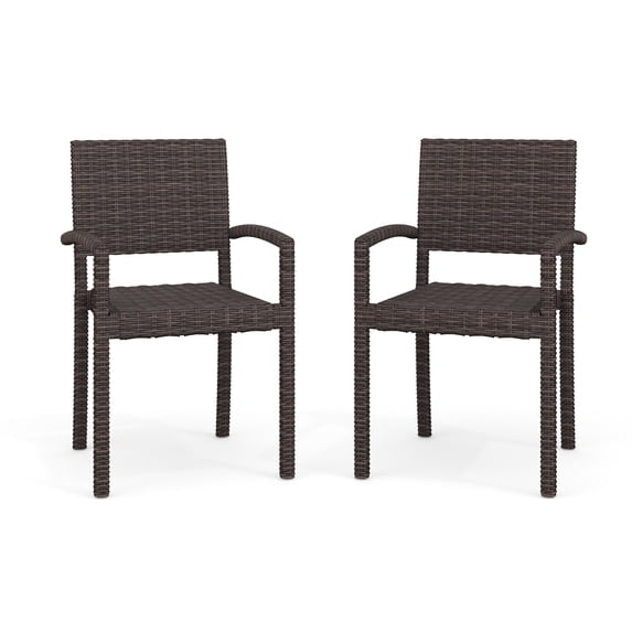 Martha Stewart Set of 2 Indoor-Outdoor Stackable Patio Dining Armchairs in Brown Rattan Wicker