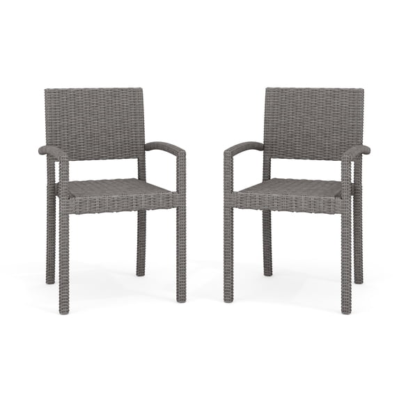 Martha Stewart Set of 2 Indoor-Outdoor Stackable Patio Dining Armchairs in Gray Rattan Wicker