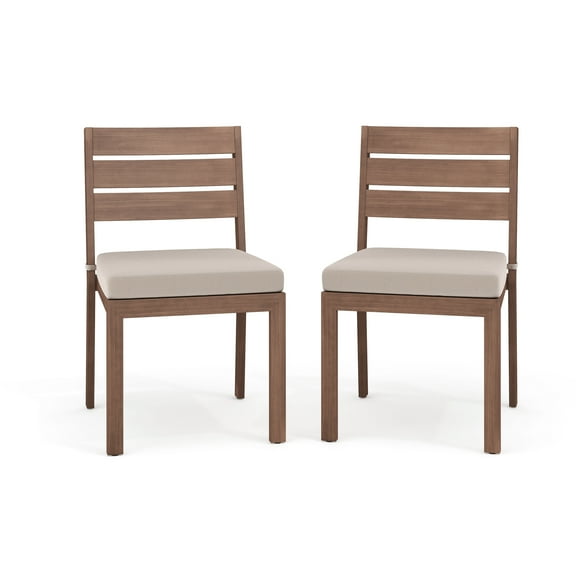Martha Stewart Set of 2 Indoor-Outdoor Stackable Patio Dining Chairs with Brown Brushed Woodgrain Aluminum Finish and Cream All-Weather Seat Cushions