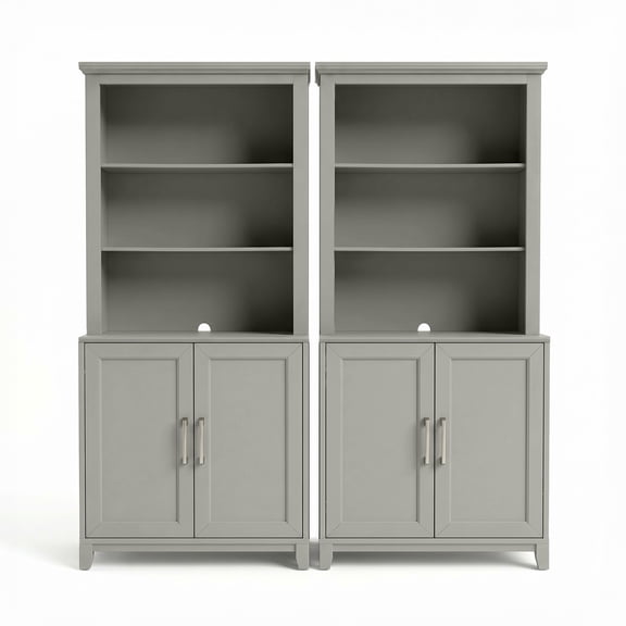 Martha Stewart Set of 2 Modular Shaker Cabinets and 2 Hutch Set, Brushed Stainless Steel Hardware, Open Top Shelves, Soft-Close Doors, Gray