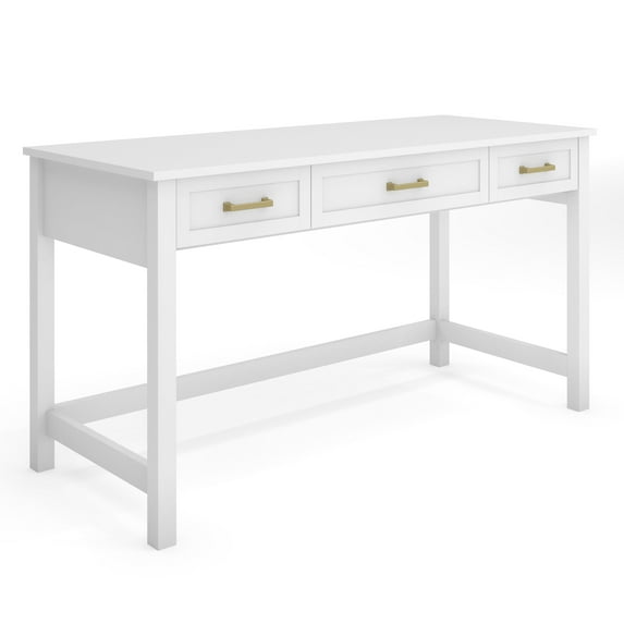 Martha Stewart Shaker Style Home Office 3 Drawer Desk in White with Polished Brass Hardware