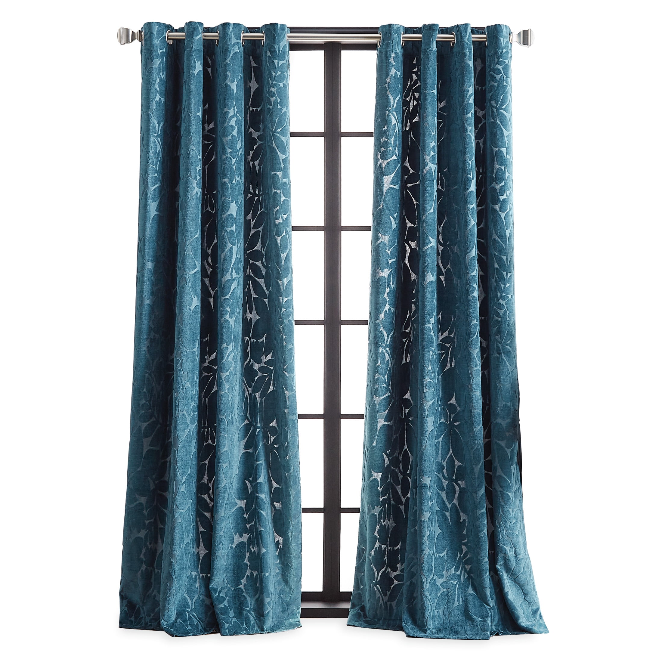Teal Velvet Floral Print Grommet Curtain Panel Pair