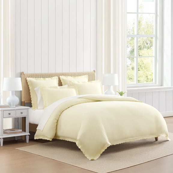 Martha Stewart Signature Scallop Sweet Cream Full/Queen Duvet Cover Set, Soft Bedding with Shams, Machine Washable