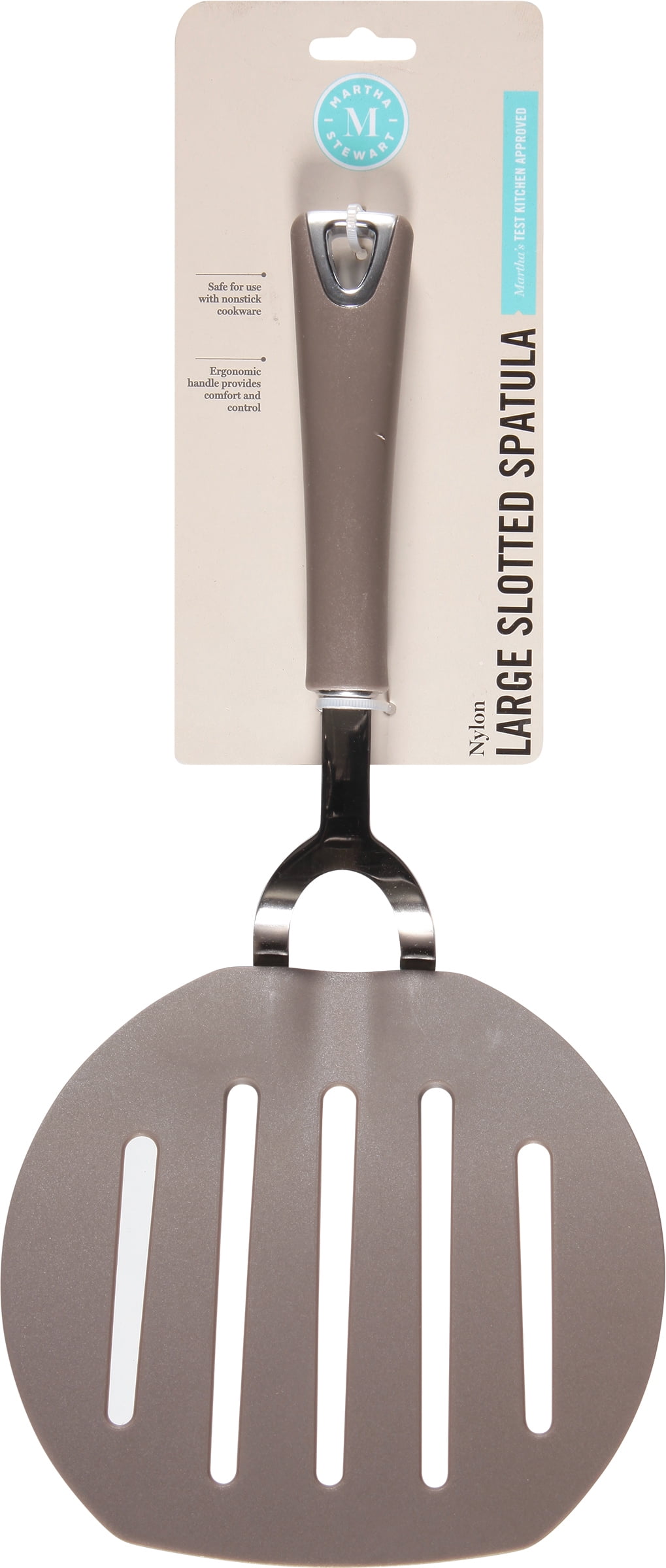 Large Taupe Nylon Slotted Spatula with Ergonomic Handle