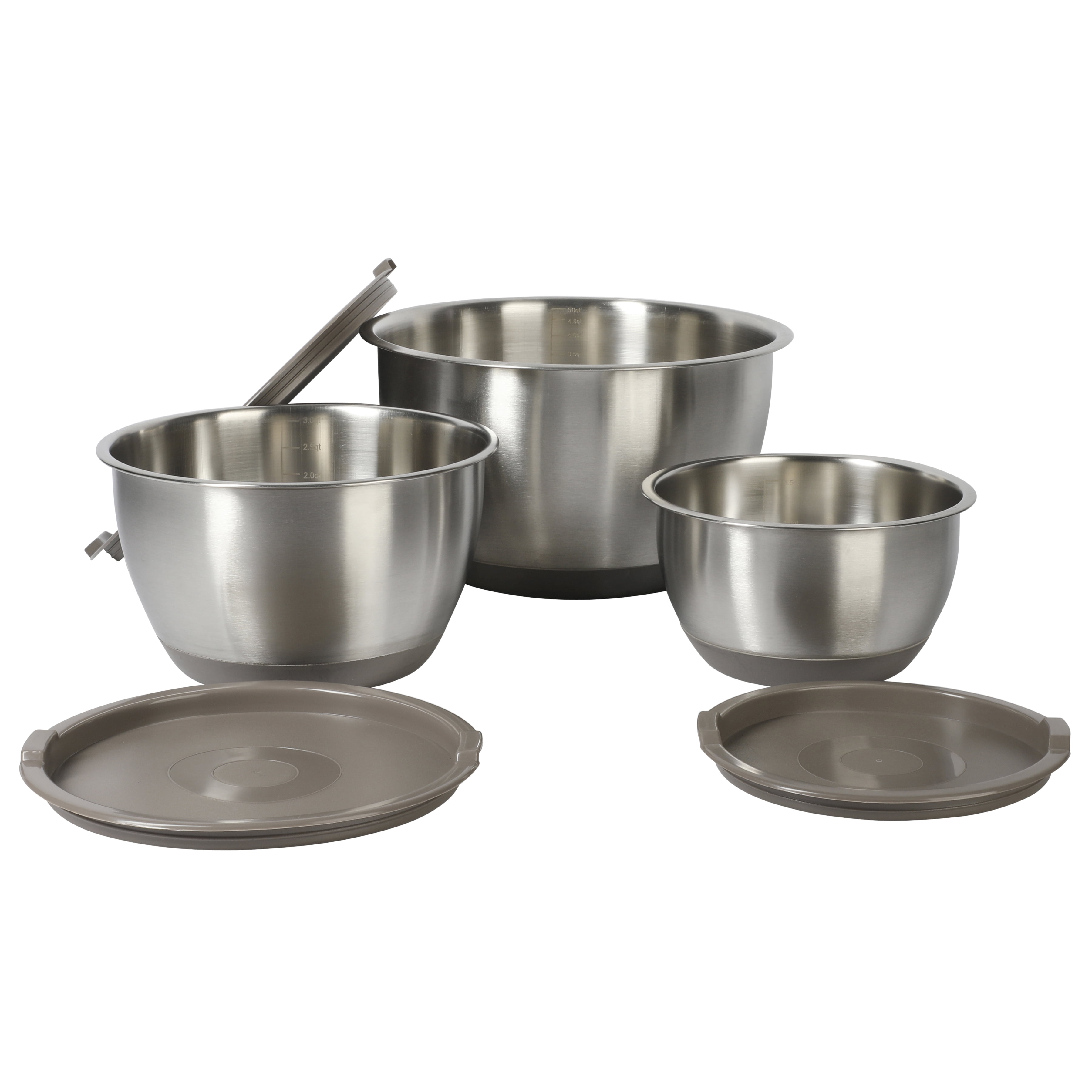 MARTHA STEWART Rhinewell Mirror Polish 6 Piece Stainless Steel Mixing Bowls  with Lid and Non-Slip Base - Grey