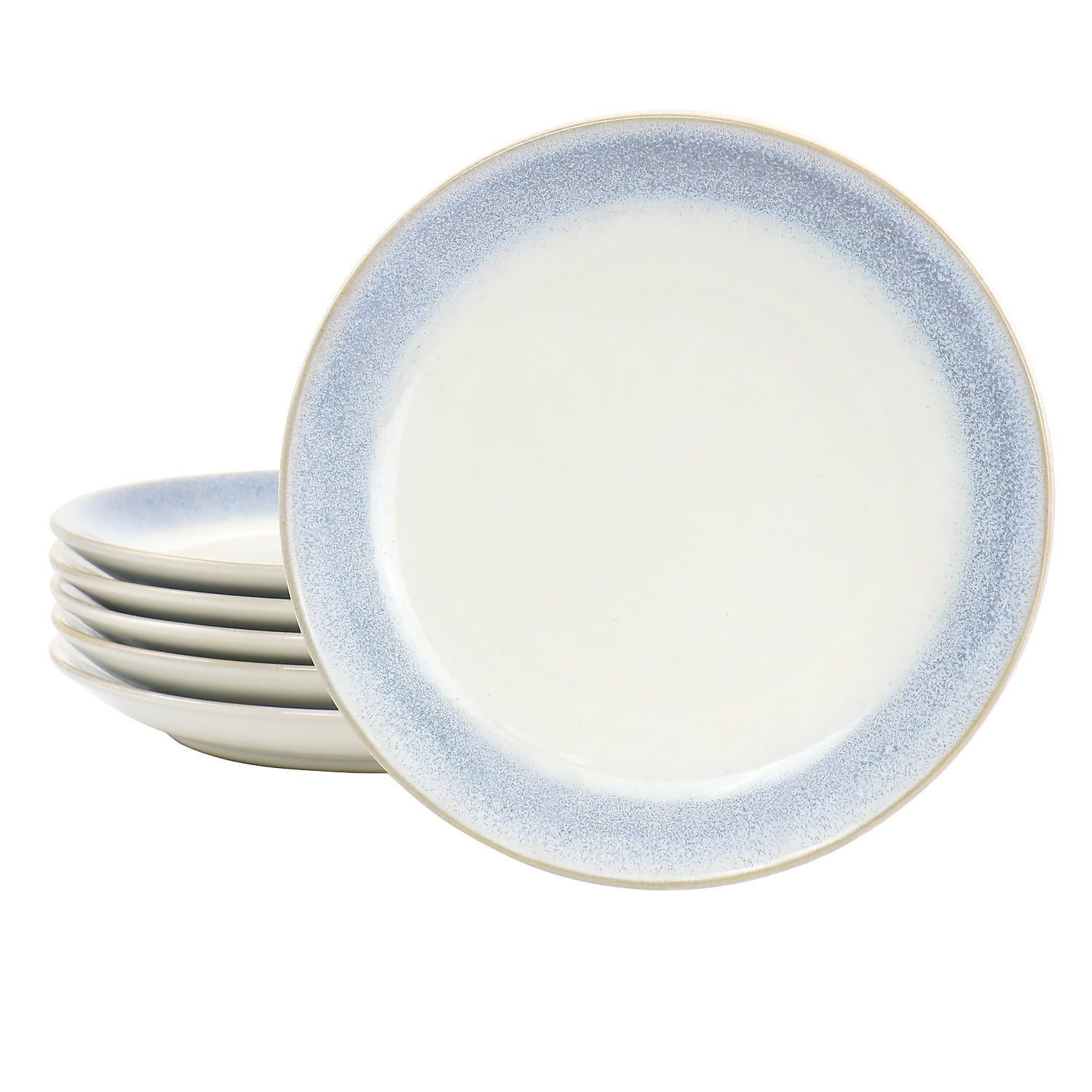 8.25" Off-White and Blue Ceramic Salad Plates, Set of 6