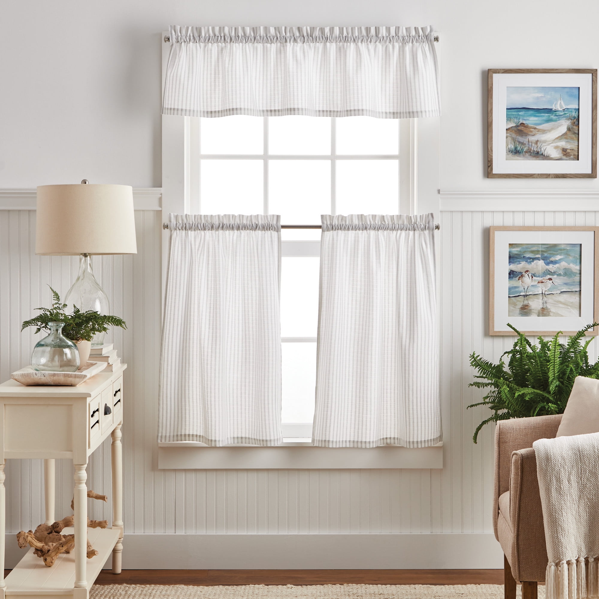 Martha Stewart Ticking Stripe 3 Piece Valance & Tier Set, White/Grey, Rod Pocket, Indoor, Adult, 56" x 36"
