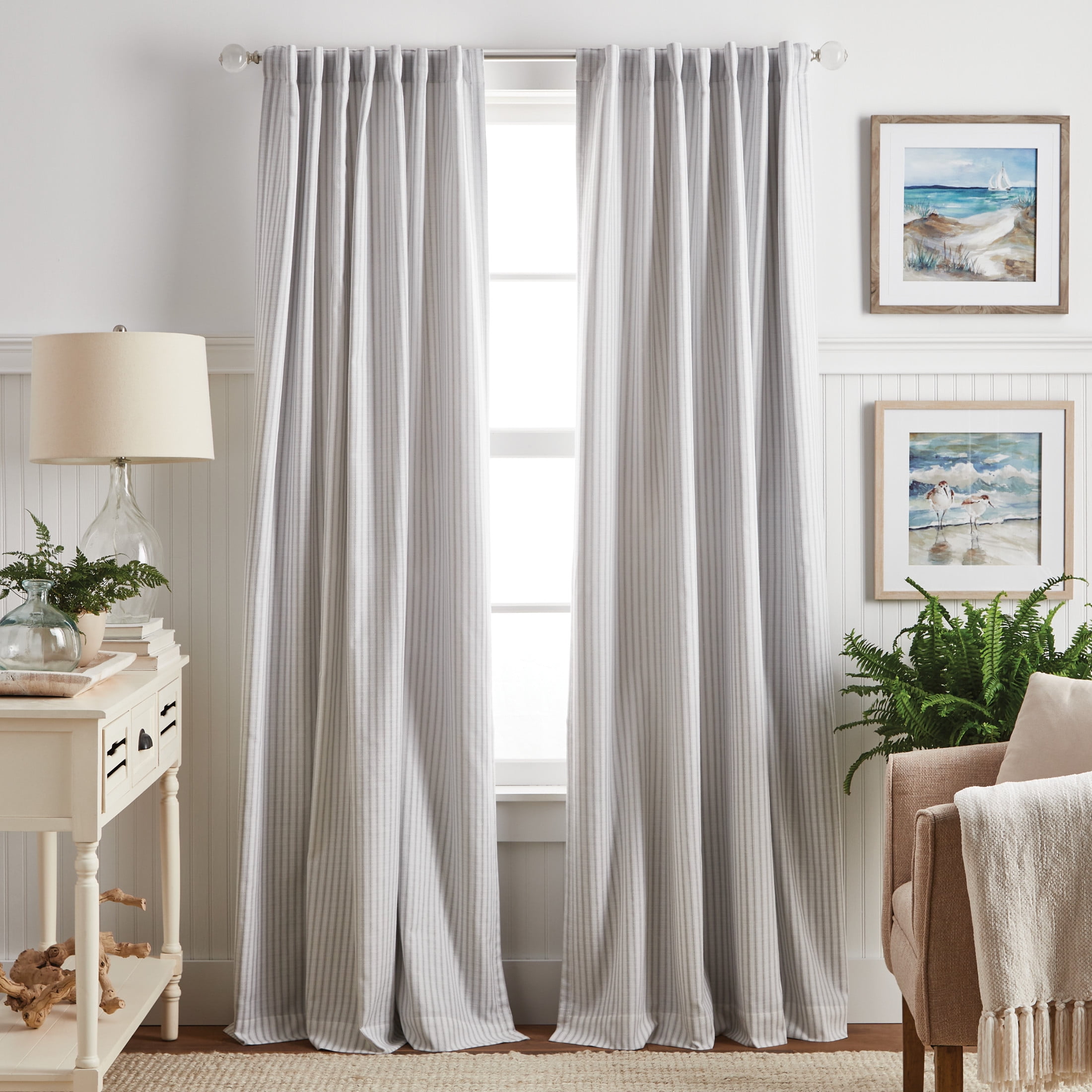 Martha Stewart Ticking Stripe Curtain Panel Pair, Grey, Poletop, Back Tab, Blackout, Indoor, 2 Piece Set, Adult, 50" x 84"