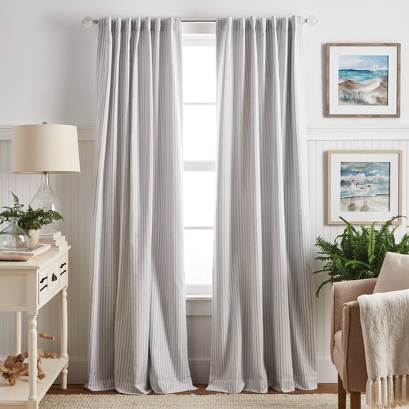 Martha Stewart Ticking Stripe Curtain Panel Pair, Grey, Pole Top, Back Tab, Blackout, Indoor, Adult, 2 Piece Set, 50"x 95"