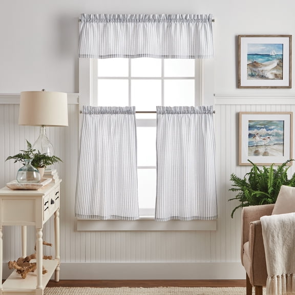 Martha Stewart Ticking Stripe Valance and Tier 3-Piece Set, Indigo, Indoor, Polyester, BCI Cotton, Adult